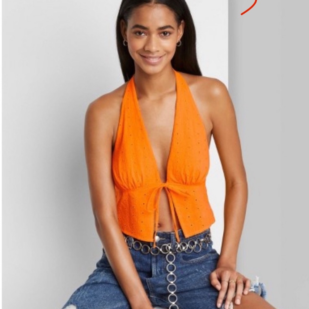 Orange Tie Front Halter Top with‎ Flower Embroidery Details